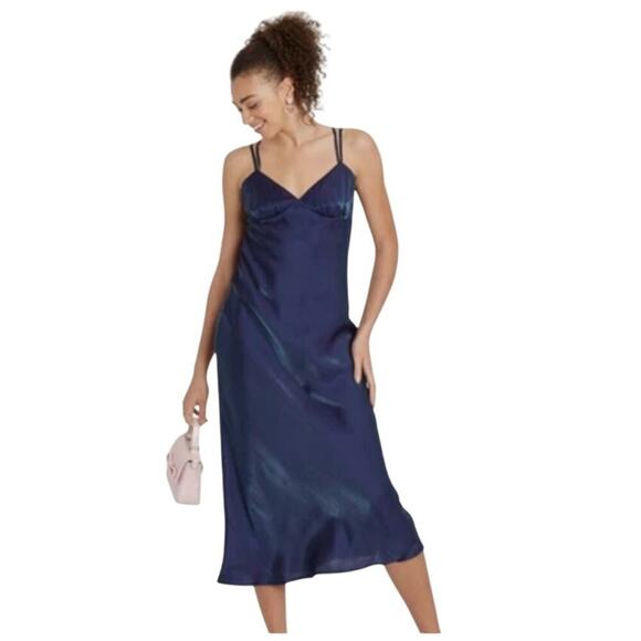 Women’s XXL Wild Fable Metallic Blue Satin Slip Dress Midi Cowl Neck NWT - Picture 1 of 2